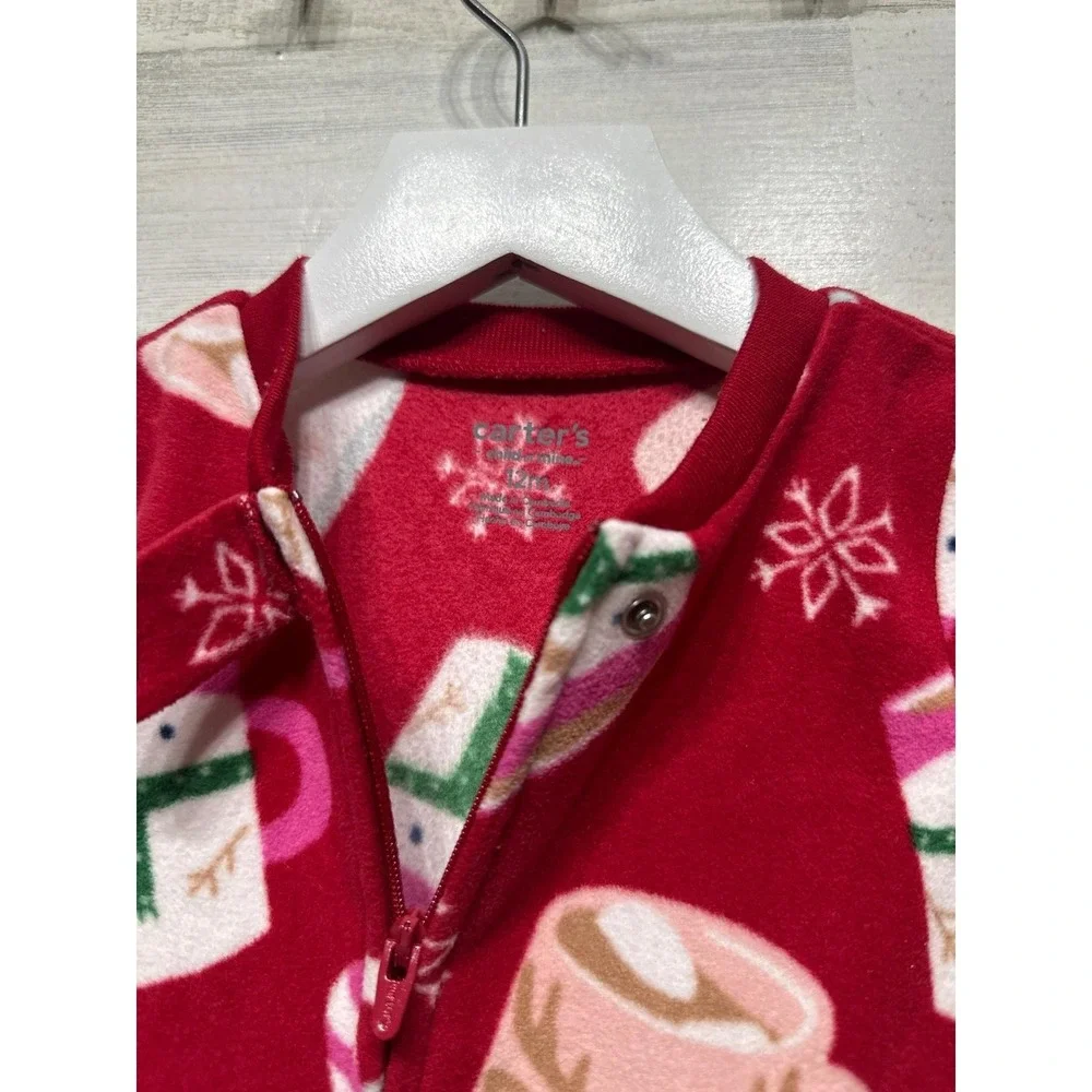 Carters Footed Pajamas Girls 12M Red Fleece Hot Cocoa Winter Holiday EUC